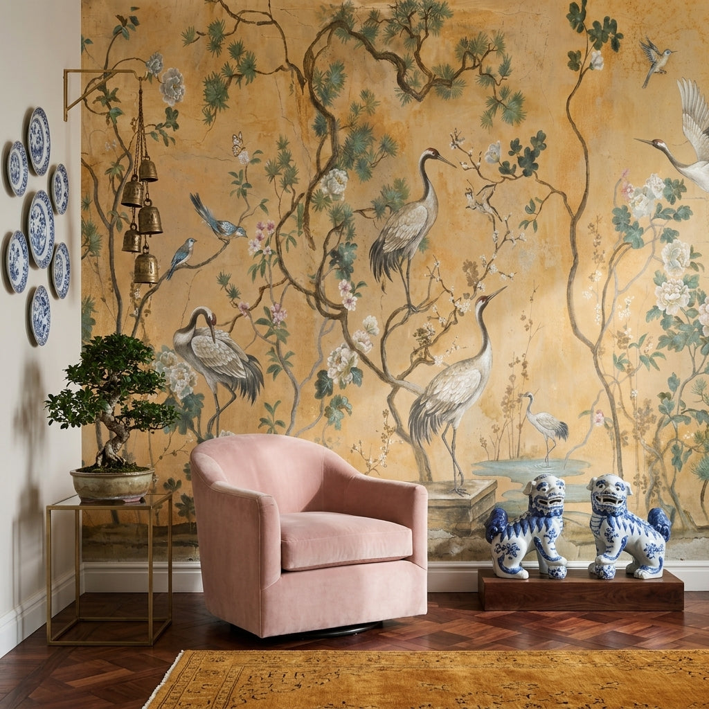 Oriental Chinoiserie Wallpaper Cranes Removable Peony Blossoms Wall Decor