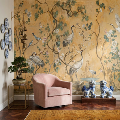 Oriental Chinoiserie Wallpaper Cranes Removable Peony Blossoms Wall Decor
