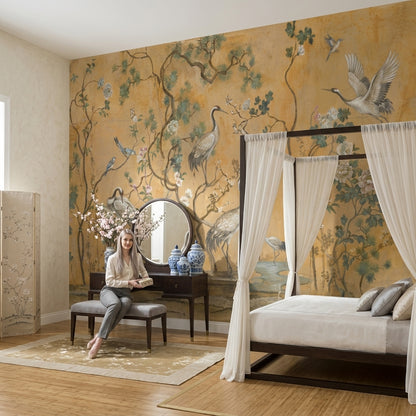Oriental Chinoiserie Wallpaper Cranes Removable Peony Blossoms Wall Decor