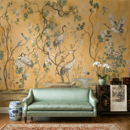 Oriental Chinoiserie Wallpaper Cranes Removable Peony Blossoms Wall Decor