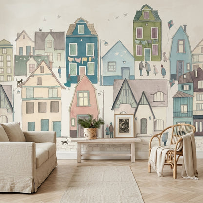 Village Wallpaper Pastel Watercolor Wall Mural
