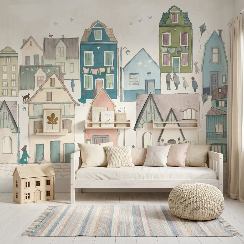 Village Wallpaper Pastel Watercolor Wall Mural