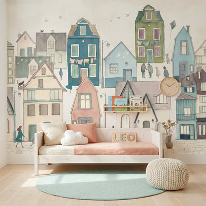 Village Wallpaper Pastel Watercolor Wall Mural