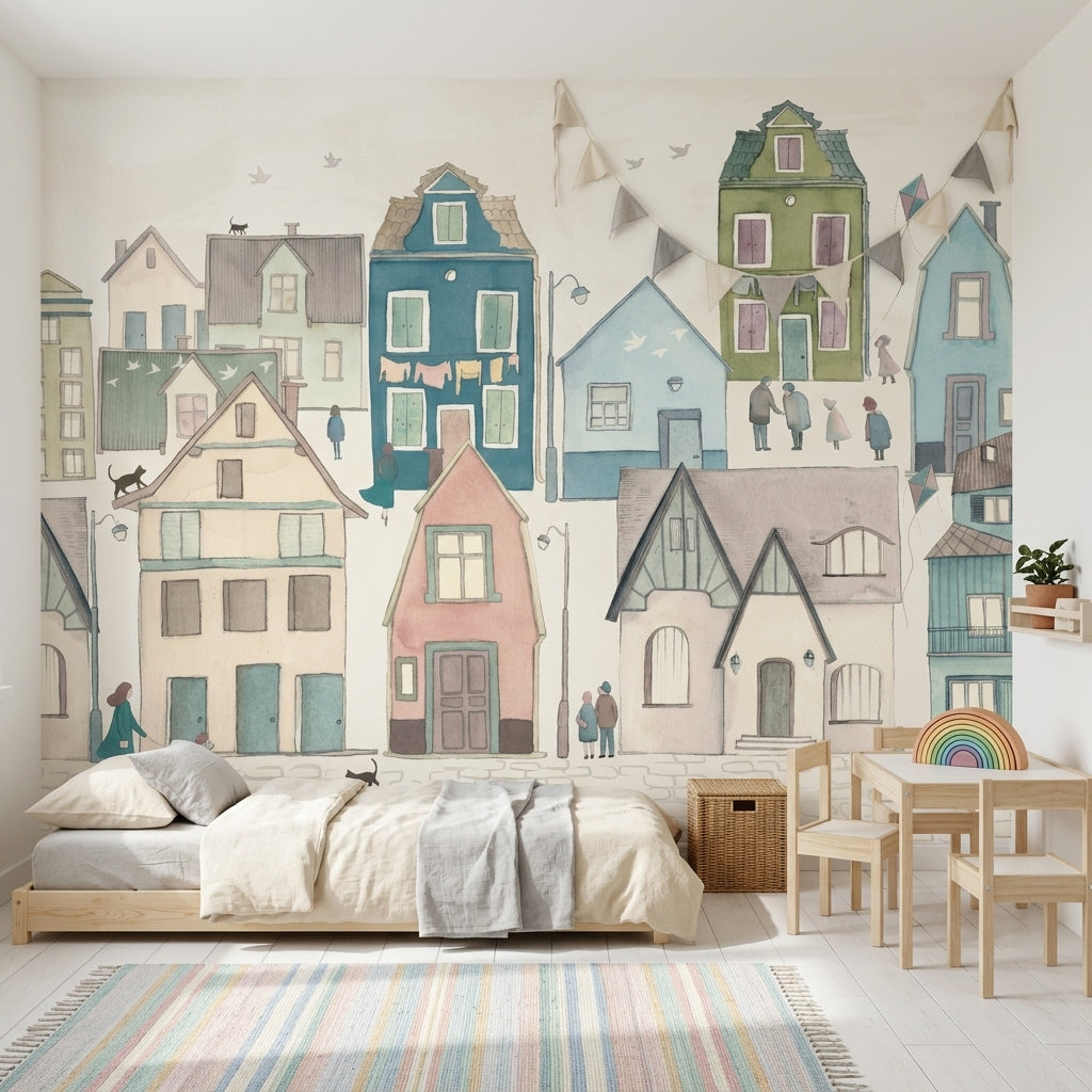 Village Wallpaper Pastel Watercolor Wall Mural