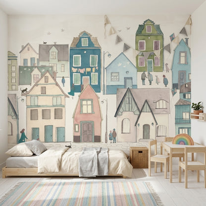 Village Wallpaper Pastel Watercolor Wall Mural