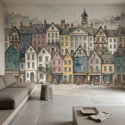 European Streetscape Wallpaper Watercolor Town Removable Pastel Buildings Wall Decor