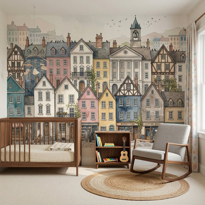 European Streetscape Wallpaper Watercolor Town Removable Pastel Buildings Wall Decor