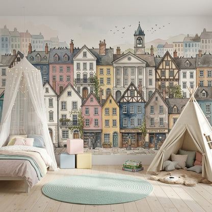 European Streetscape Wallpaper Watercolor Town Removable Pastel Buildings Wall Decor