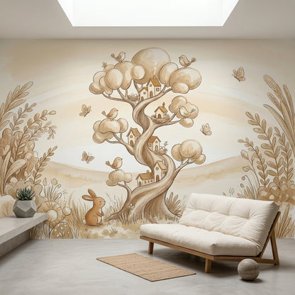 Whimsical Landscape Wallpaper Storybook Illustration Tree With Houses Removable Wall Decor