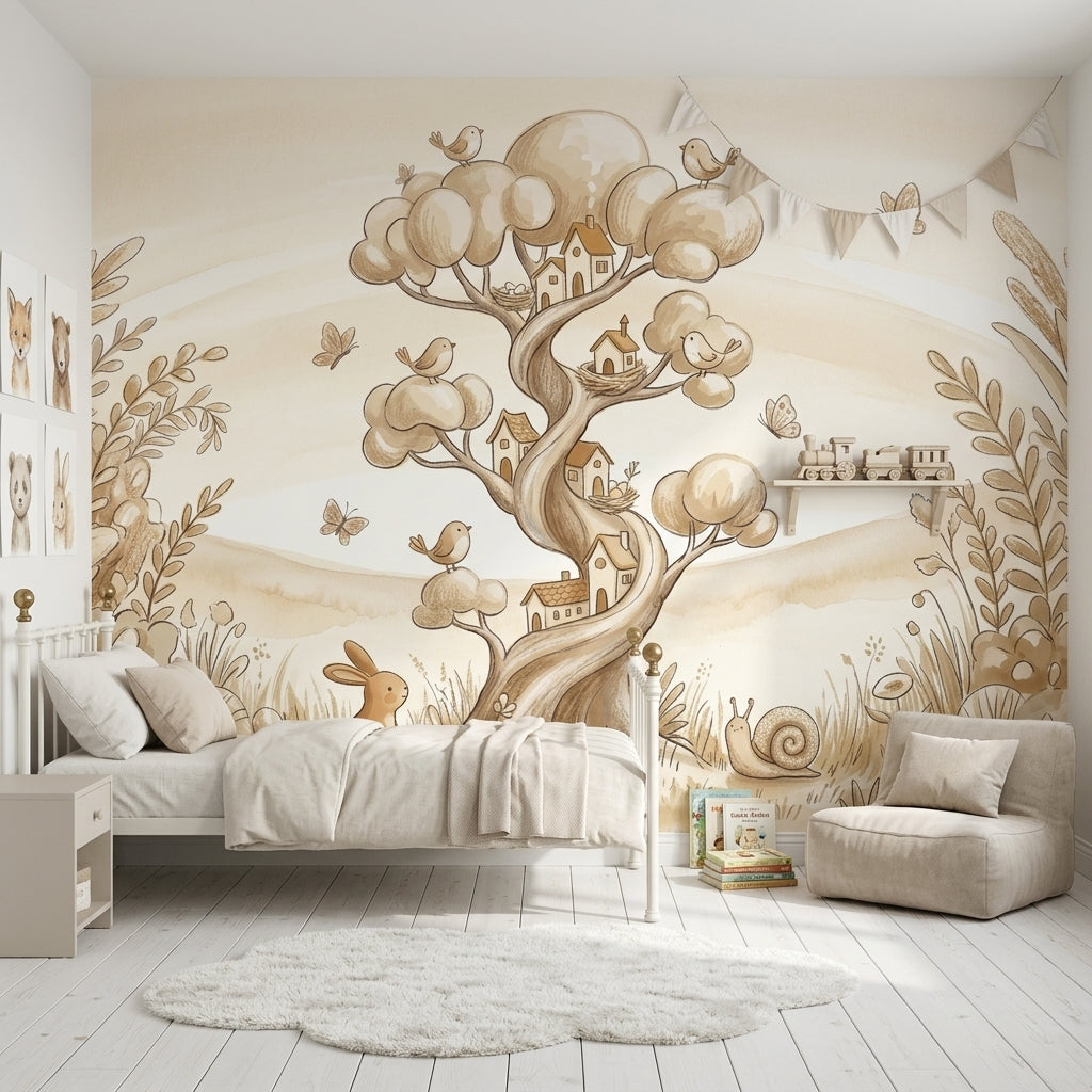 Whimsical Landscape Wallpaper Storybook Illustration Tree With Houses Removable Wall Decor