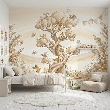 Whimsical Landscape Wallpaper Storybook Illustration Tree With Houses Removable Wall Decor
