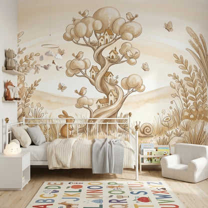 Whimsical Landscape Wallpaper Storybook Illustration Tree With Houses Removable Wall Decor