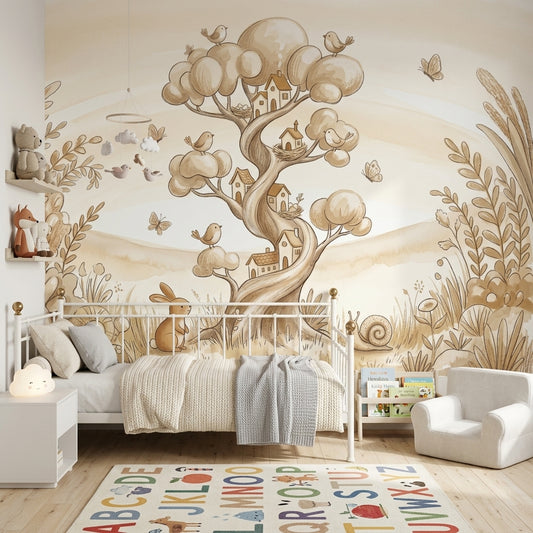 Whimsical Landscape Wallpaper Storybook Illustration Tree With Houses Removable Wall Decor