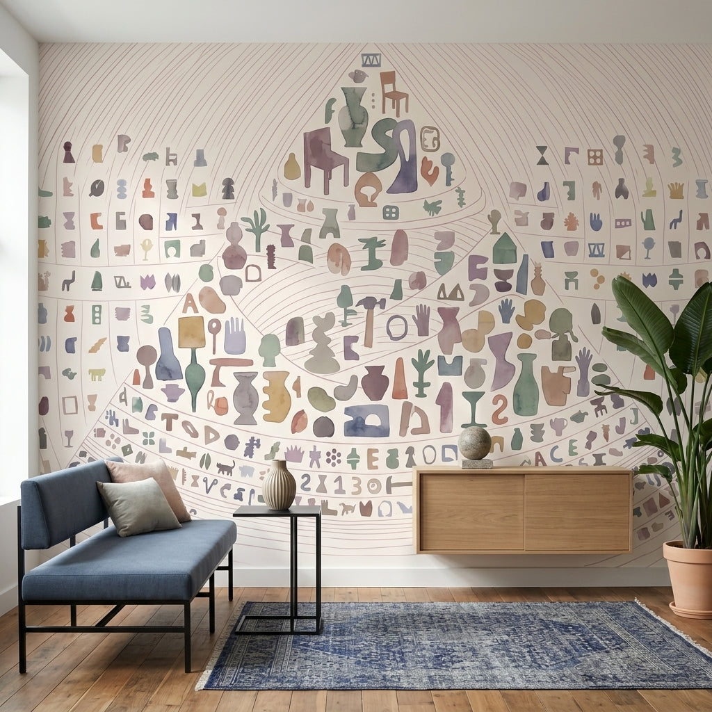 Abstract Icons Wallpaper Watercolor Curved Linework Wall Mural