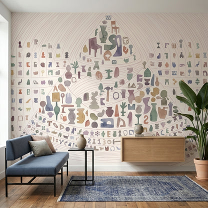 Abstract Icons Wallpaper Watercolor Curved Linework Wall Mural