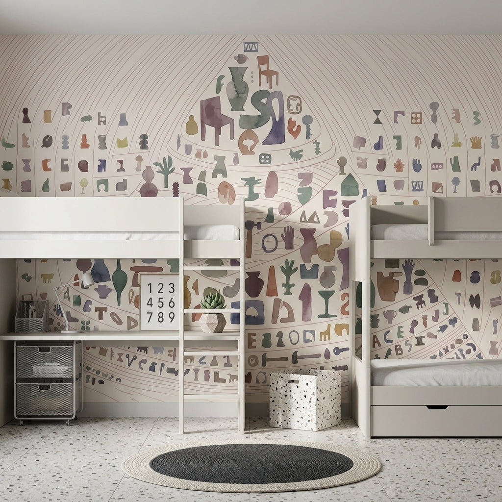 Abstract Icons Wallpaper Watercolor Curved Linework Wall Mural