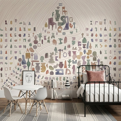 Abstract Icons Wallpaper Watercolor Curved Linework Wall Mural
