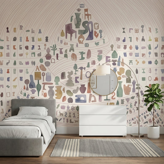 Abstract Icons Wallpaper Watercolor Curved Linework Wall Mural