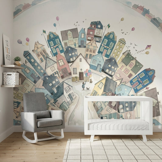 Whimsical Town Wallpaper Circular Village Removable Pastel Houses Wall Decor