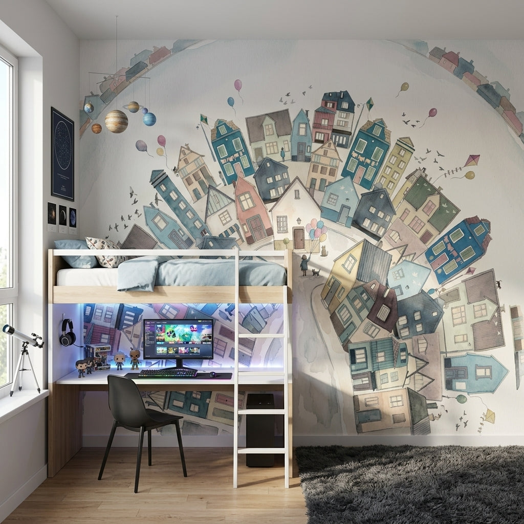 Whimsical Town Wallpaper Circular Village Removable Pastel Houses Wall Decor