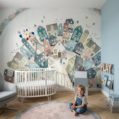 Whimsical Town Wallpaper Circular Village Removable Pastel Houses Wall Decor