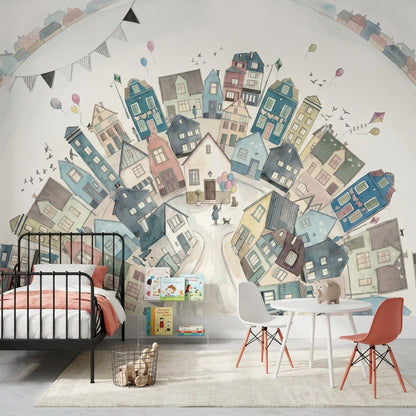 Whimsical Town Wallpaper Circular Village Removable Pastel Houses Wall Decor