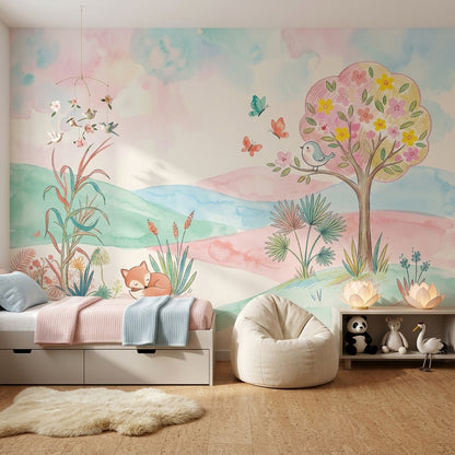 Pastel Landscape Wallpaper Watercolor Whimsical Nursery Removable Wall Decor