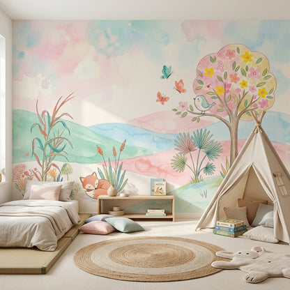 Pastel Landscape Wallpaper Watercolor Whimsical Nursery Removable Wall Decor