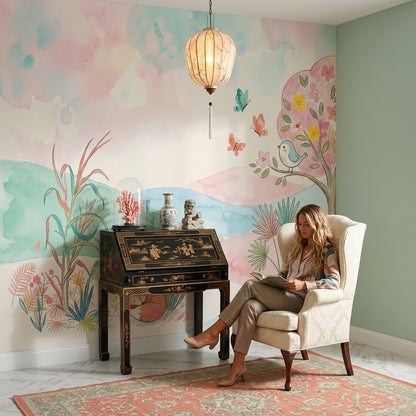 Pastel Landscape Wallpaper Watercolor Whimsical Nursery Removable Wall Decor