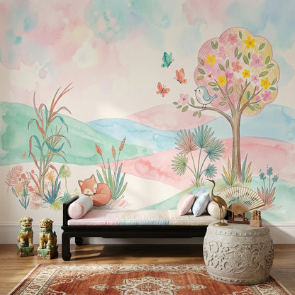 Pastel Landscape Wallpaper Watercolor Whimsical Nursery Removable Wall Decor