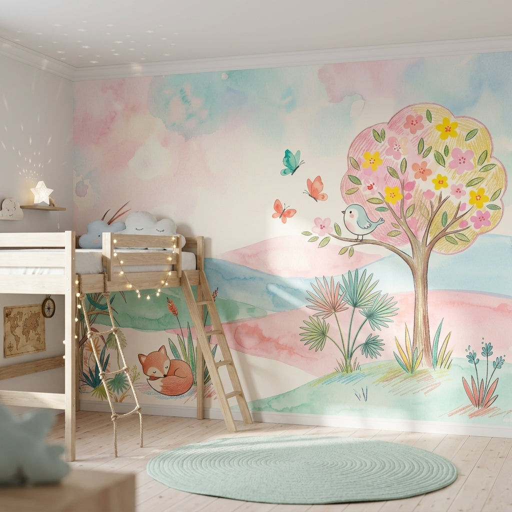 Pastel Landscape Wallpaper Watercolor Whimsical Nursery Removable Wall Decor