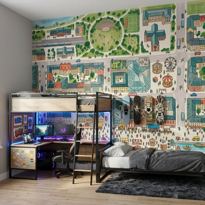 Illustrated City Map Wallpaper Urban Landscape Removable Amusement Park Wall Decor