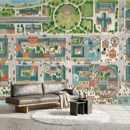 Illustrated City Map Wallpaper Urban Landscape Removable Amusement Park Wall Decor