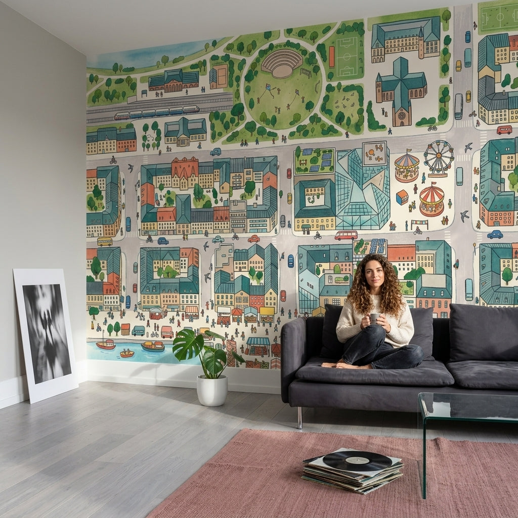 Illustrated City Map Wallpaper Urban Landscape Removable Amusement Park Wall Decor