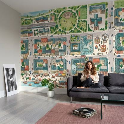 Illustrated City Map Wallpaper Urban Landscape Removable Amusement Park Wall Decor