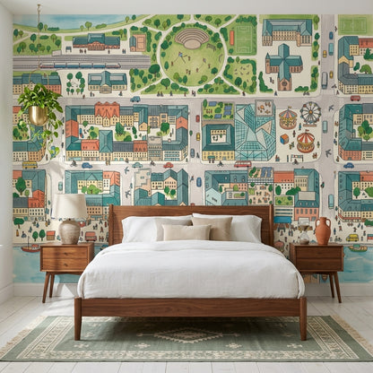Illustrated City Map Wallpaper Urban Landscape Removable Amusement Park Wall Decor