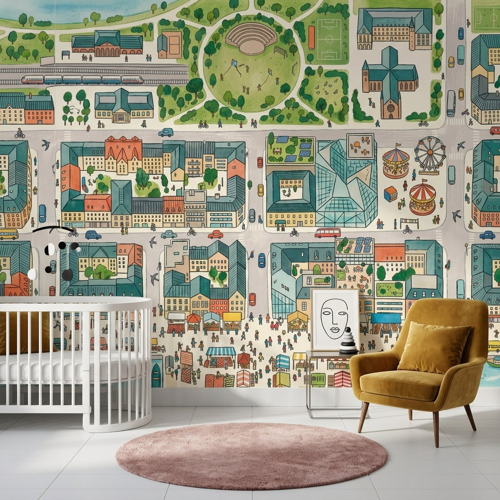 Illustrated City Map Wallpaper Urban Landscape Removable Amusement Park Wall Decor