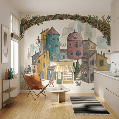Whimsical Village Wallpaper Mediterranean Town Bakery Storefront Removable Wall Decor