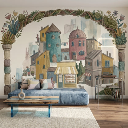 Whimsical Village Wallpaper Mediterranean Town Bakery Storefront Removable Wall Decor