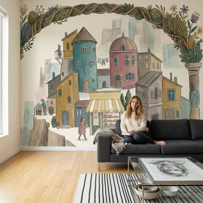 Whimsical Village Wallpaper Mediterranean Town Bakery Storefront Removable Wall Decor
