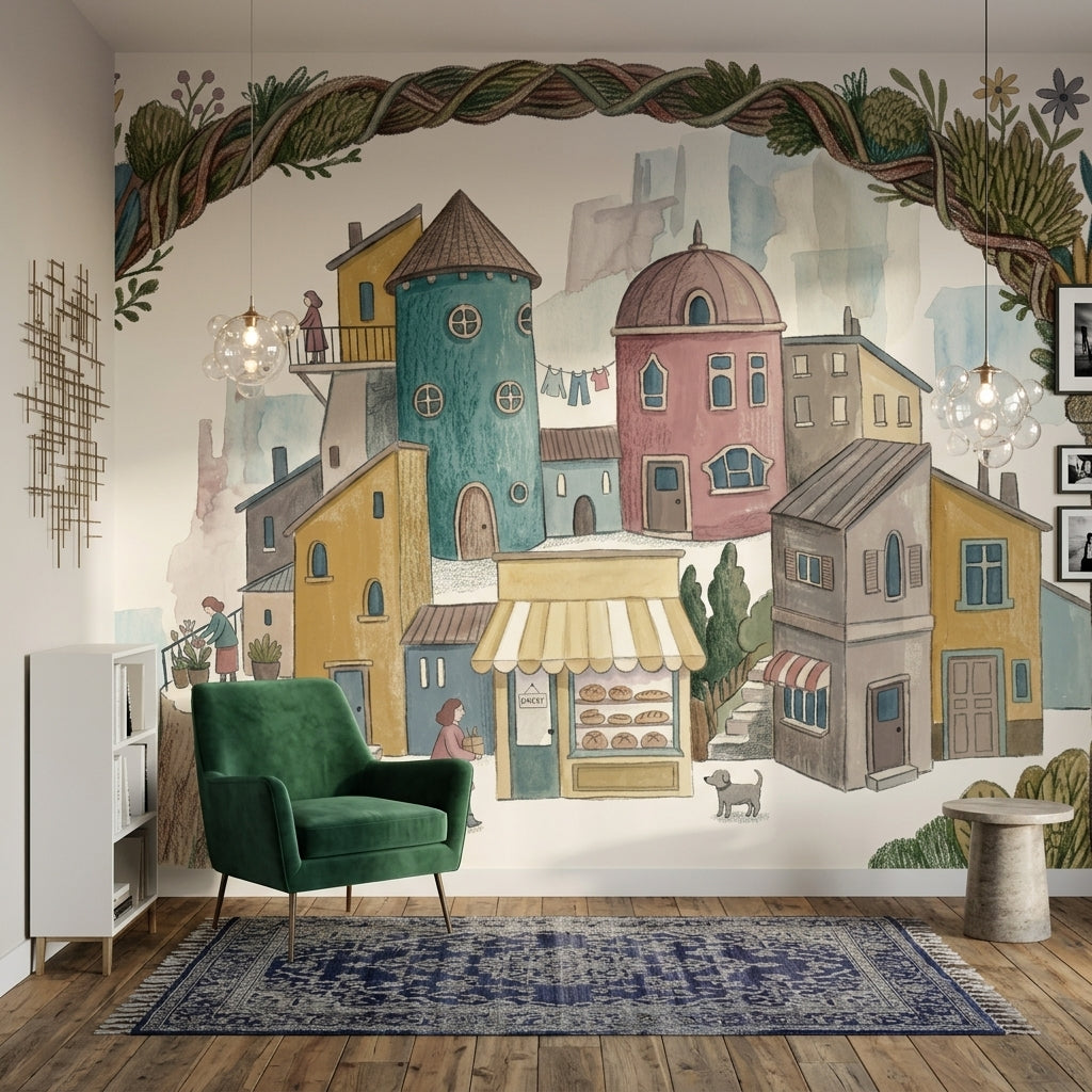 Whimsical Village Wallpaper Mediterranean Town Bakery Storefront Removable Wall Decor