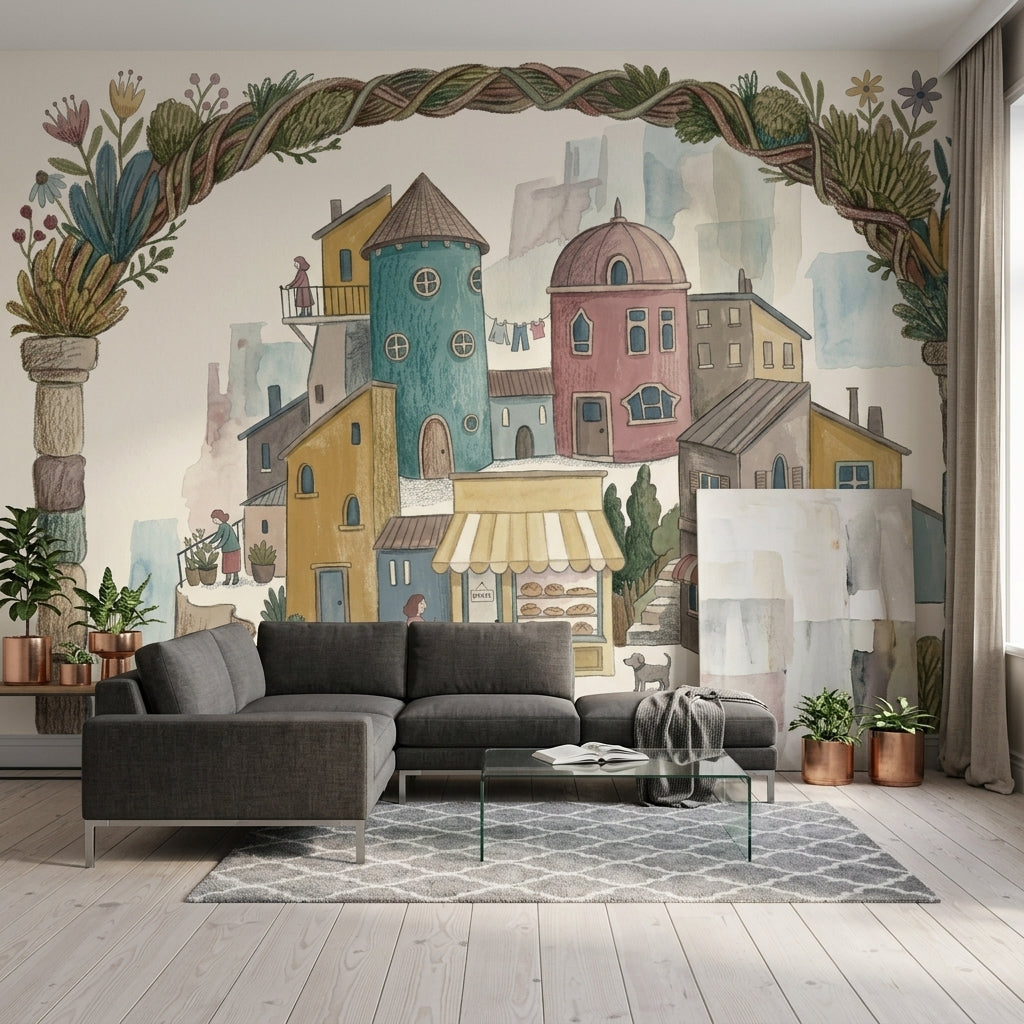 Whimsical Village Wallpaper Mediterranean Town Bakery Storefront Removable Wall Decor