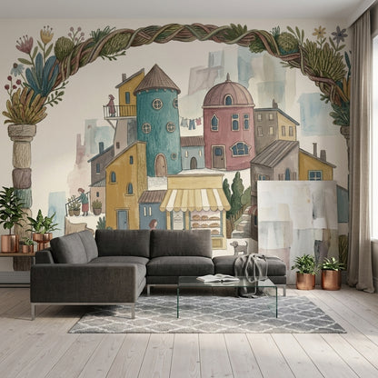 Whimsical Village Wallpaper Mediterranean Town Bakery Storefront Removable Wall Decor