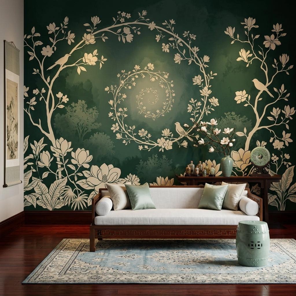 Wreath Spiral Wallpaper Floral Vines Moody Forest Wall Mural