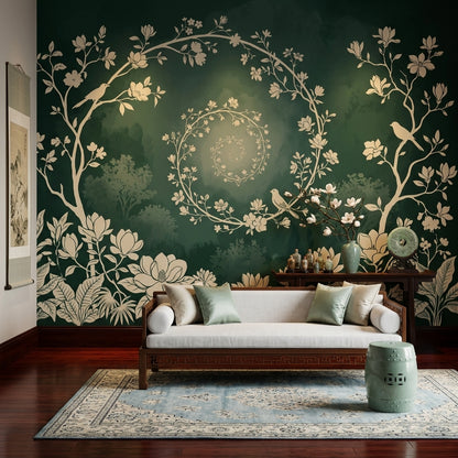 Wreath Spiral Wallpaper Floral Vines Moody Forest Wall Mural