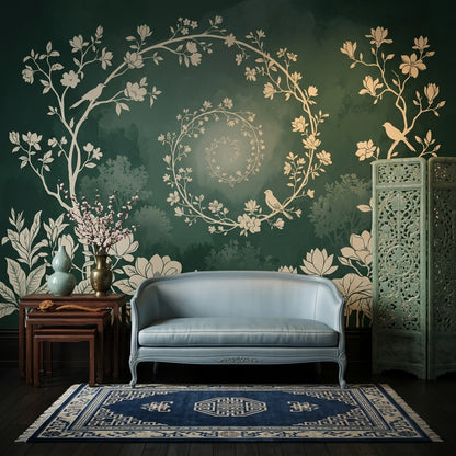Wreath Spiral Wallpaper Floral Vines Moody Forest Wall Mural