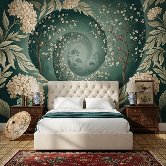 Vintage Mural Wallpaper Dark Teal Green Removable Blossom Branches Wall Decor