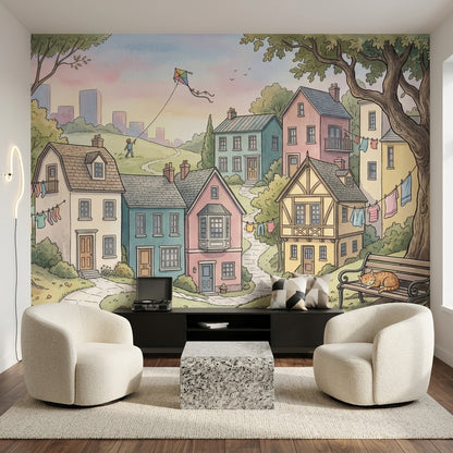 Pastel Village Wallpaper Landscape Illustration Cozy Neighborhood Removable Wall Decor