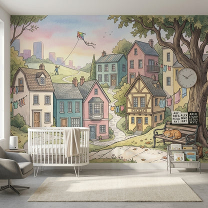 Pastel Village Wallpaper Landscape Illustration Cozy Neighborhood Removable Wall Decor