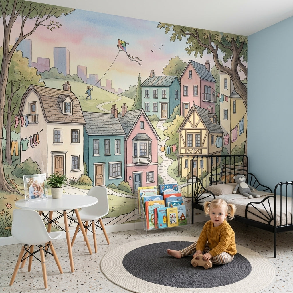 Pastel Village Wallpaper Landscape Illustration Cozy Neighborhood Removable Wall Decor